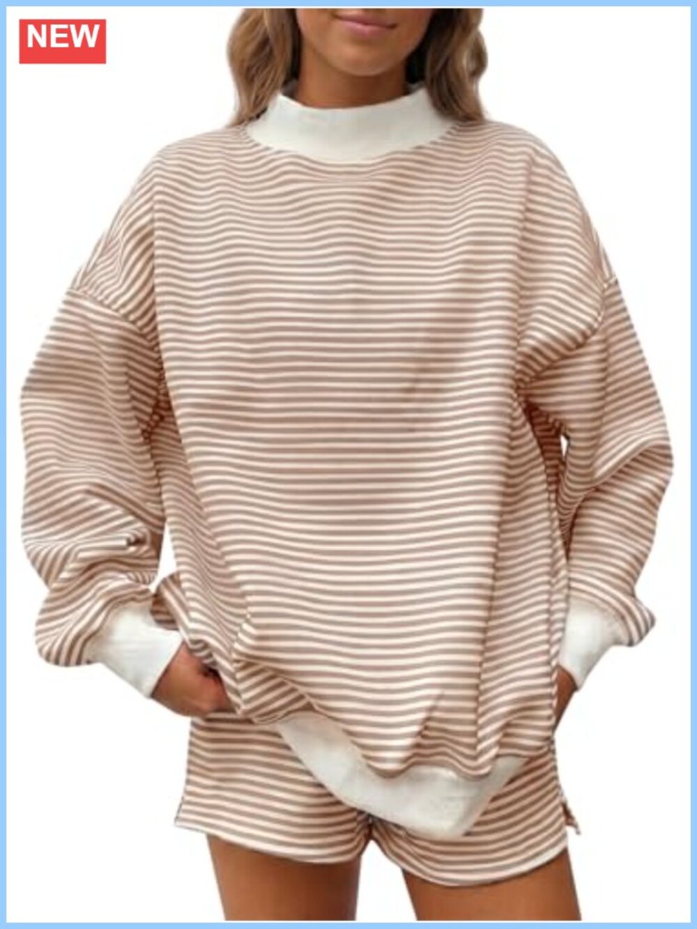 Women Striped 2 Piece Lounge Set Mock Neck Long Sleeve & High Waist Shorts
